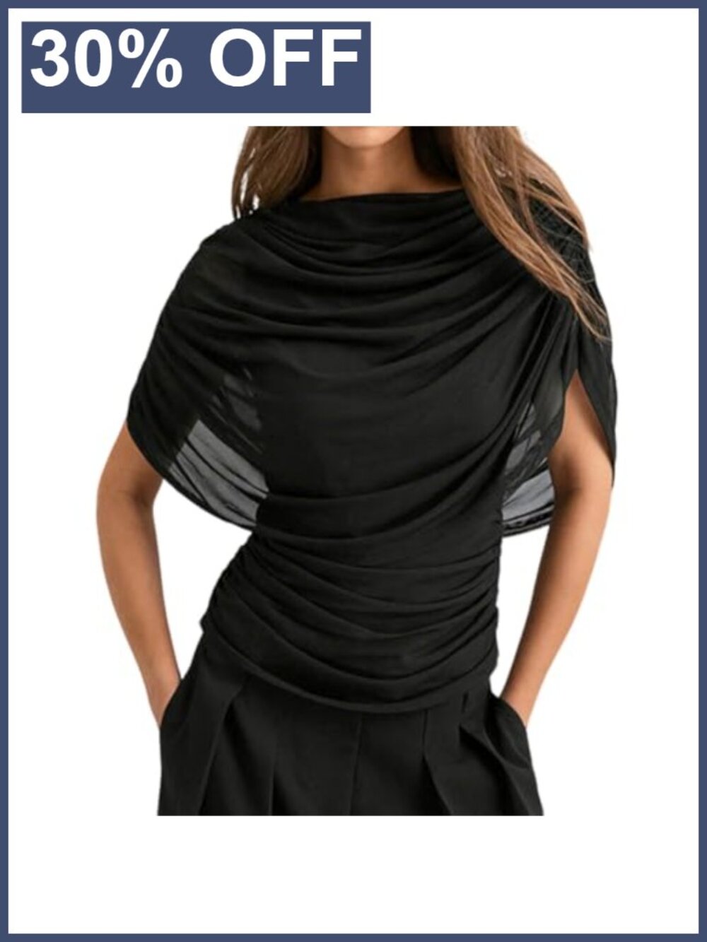 Women Sheer Mesh Panel Draped Half Cape Sleeve Ruched Waist Blouse